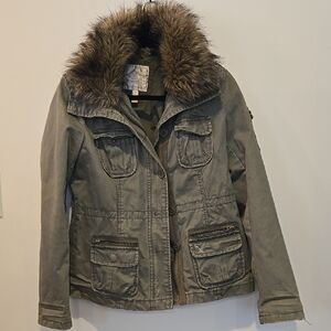 American Eagle Outfitters Olive Utility Jacket with Fur Trim